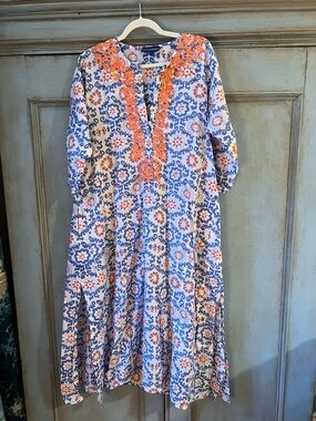 Embroidered V-Neck Midi Dress in Blue & Orange